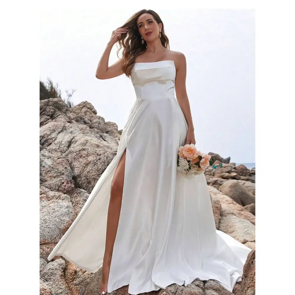 Modern Wedding Dress Satin Simple Plain Wedding Gown Corset Silk Side Slit Prom - Picture 7 of 8